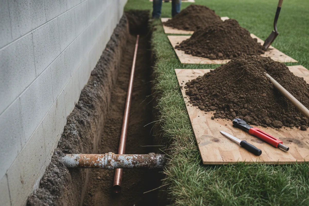 Excavated water line trench during Sewer Line Repair in York Haven